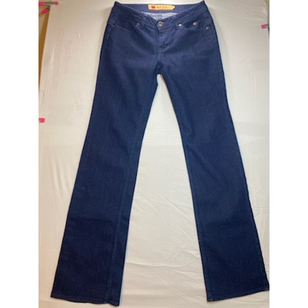 Y2K Apple Bottoms Jeans • Dark Wash • Straight Leg • Purple Stitching • 7/8